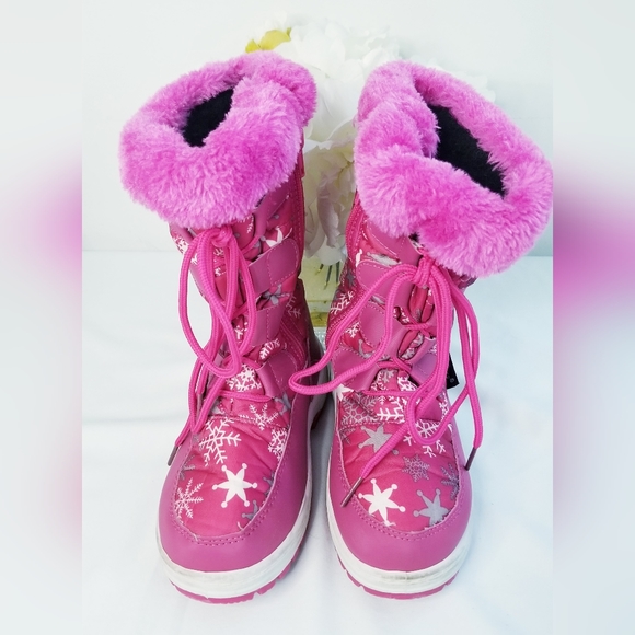 Toddler Girl's Pink Snowflakes Print  Lace Up Zippered Winter Snow Boots - Picture 4 of 12